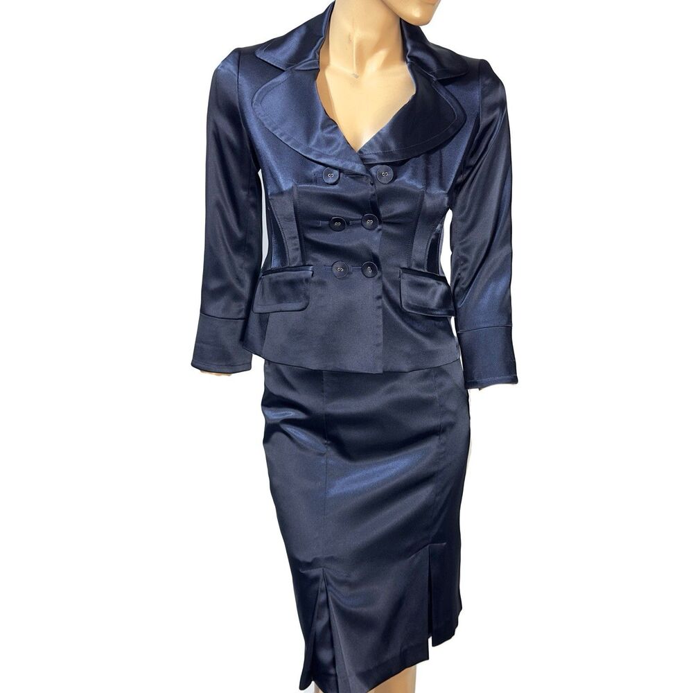 Nine West 2 Pc Satin Skirt Suit Size 0 P Petite Regal Blue Double Breasted NEW